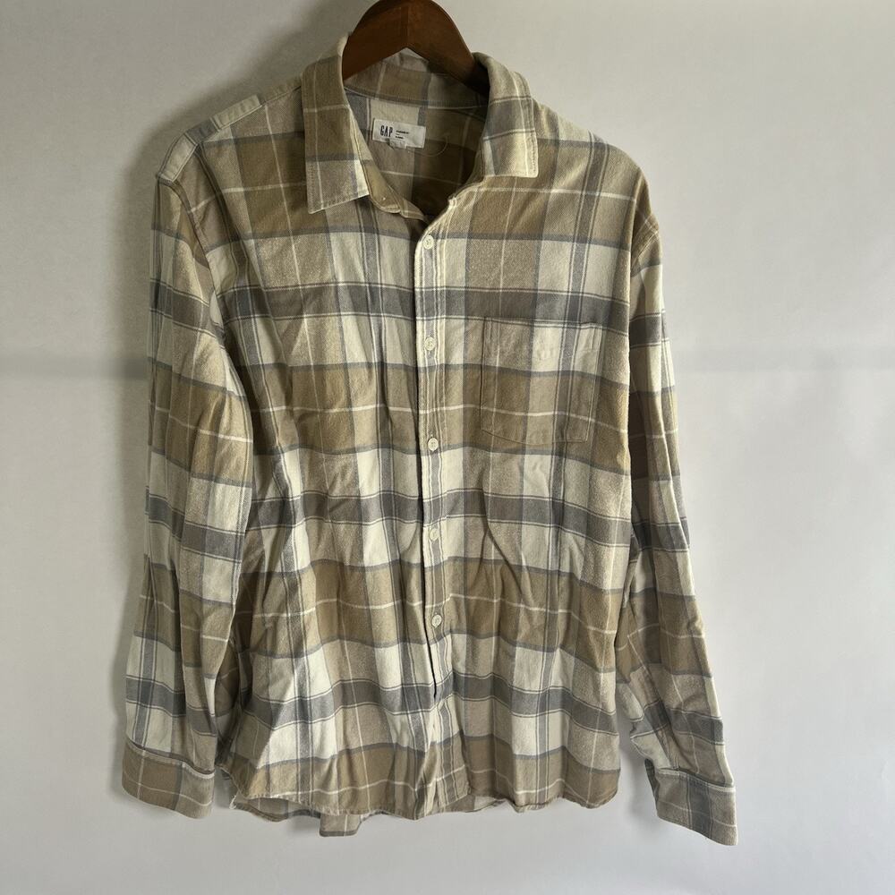 Gap Men's Beige/Gray/White Plaid Flannel Button-Up Shirt XL Long Sleeve - Picture 6 of 7